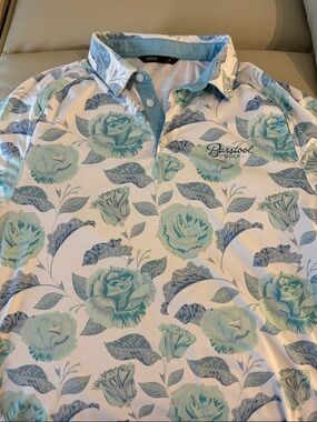 Barstool Golf Men's White Floral Polo with Teal Blooms